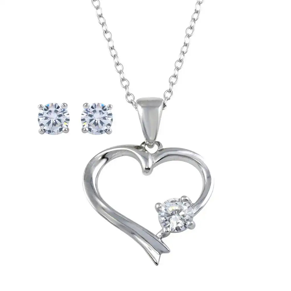 925 Sterling Silver Rhodium Plated Single CZ Open Heart Set