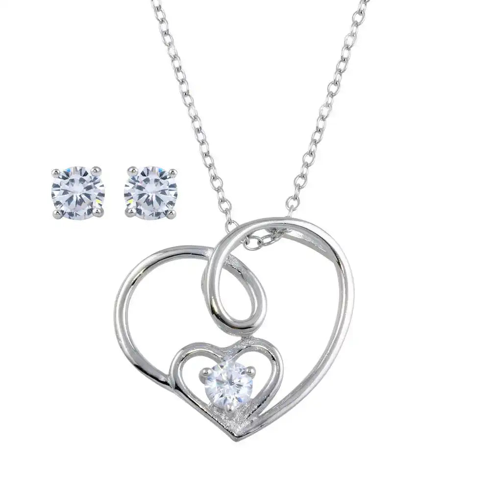 925 Sterling Silver Rhodium Plated Side Way CZ Open Double Heart Set