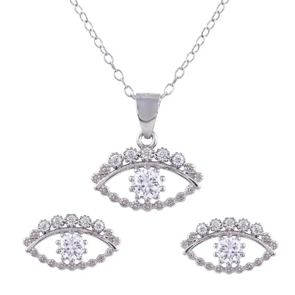 925 Sterling Silver Rhodium Plated Clear CZ Evil Eye Se