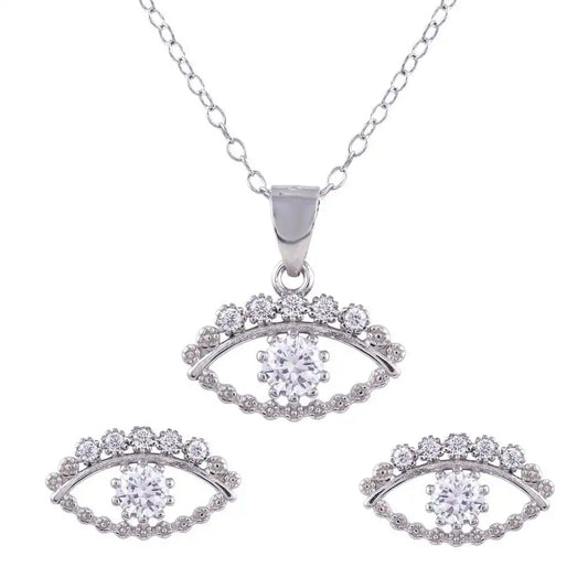 925 Sterling Silver Rhodium Plated Clear CZ Evil Eye Se