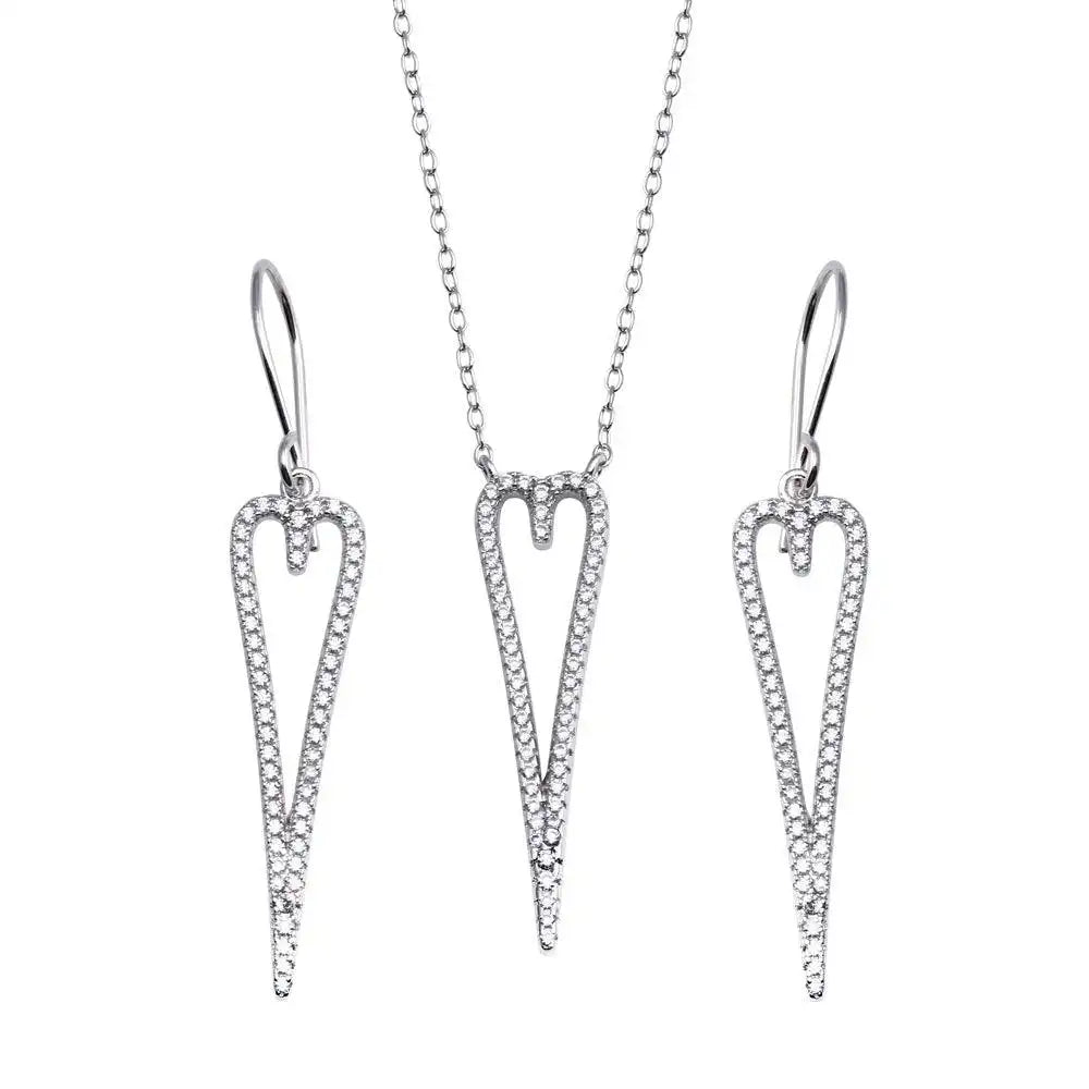 925 Sterling Silver Rhodium Plated Dangling Open Heart CZ Set
