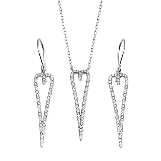 925 Sterling Silver Rhodium Plated Dangling Open Heart CZ Set
