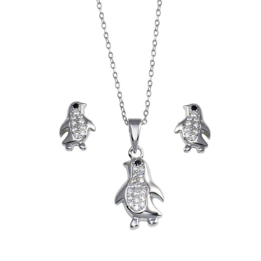 925 Sterling Silver Rhodium Plated Penguin CZ Set