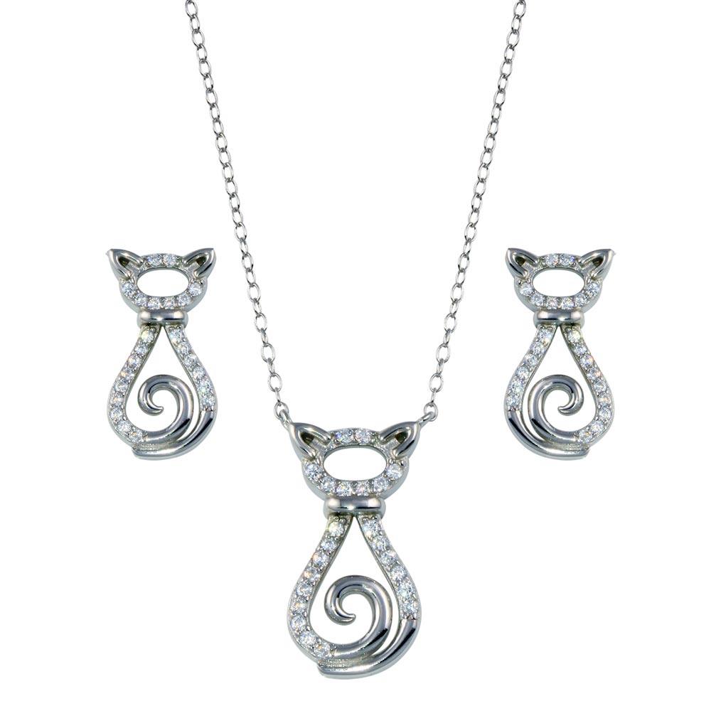 925 Sterling Silver Rhodium Plated Cat CZ Set
