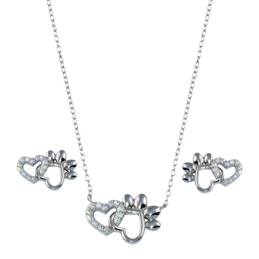 925 Sterling Silver Rhodium Plated Paw Heart CZ Set