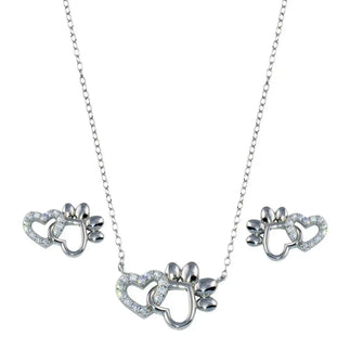 925 Sterling Silver Rhodium Plated Paw Heart CZ Set
