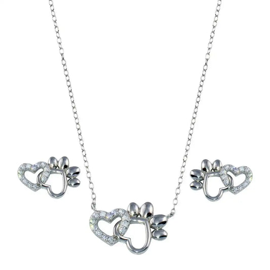 925 Sterling Silver Rhodium Plated Paw Heart CZ Set