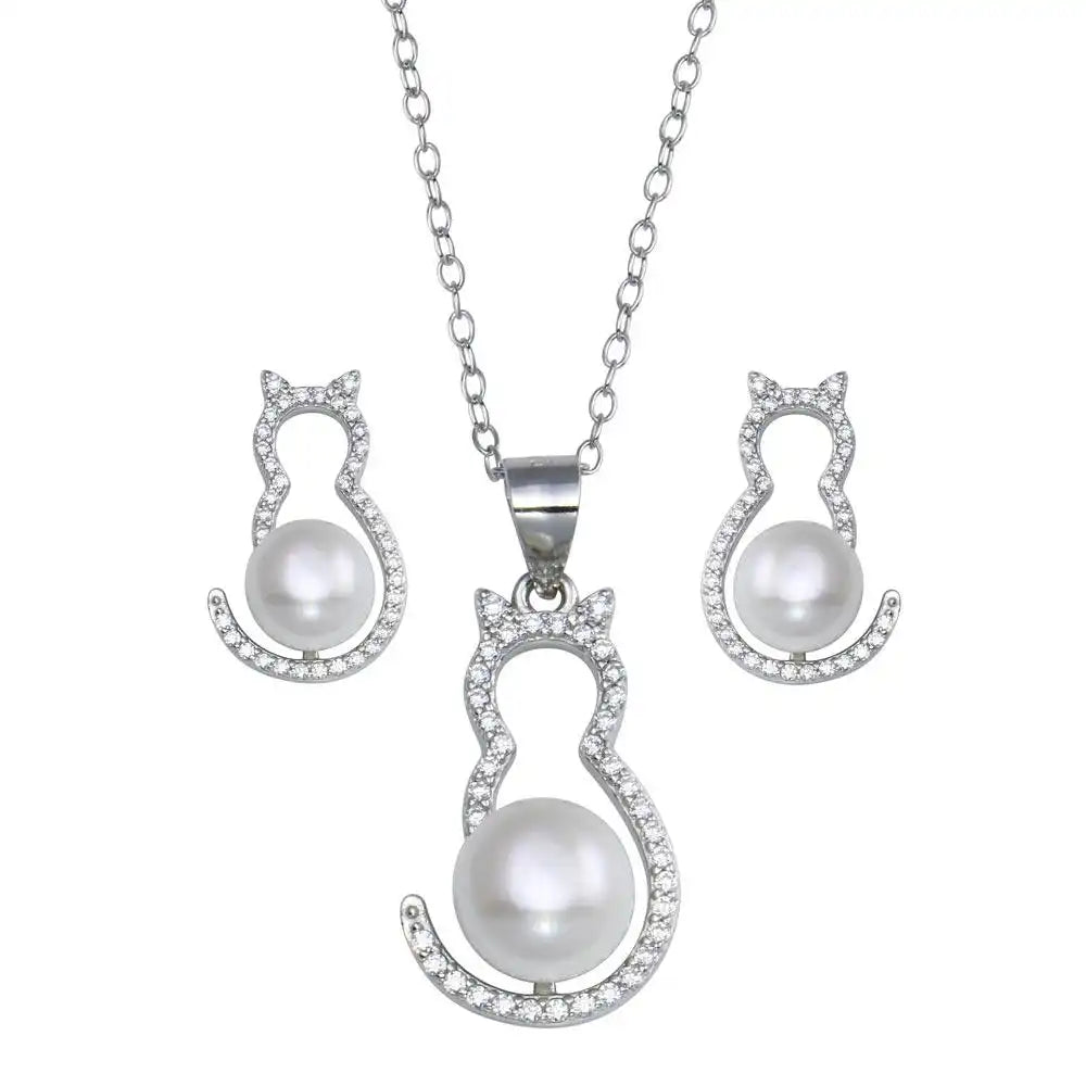 925 Sterling Silver Rhodium Plated Cat CZ Mother of Pearl Set