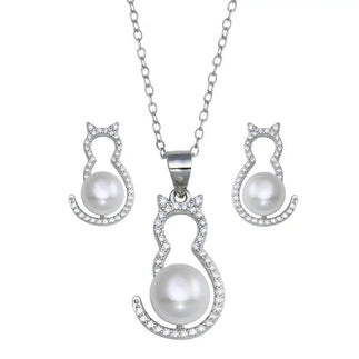 925 Sterling Silver Rhodium Plated Cat CZ Mother of Pearl Set