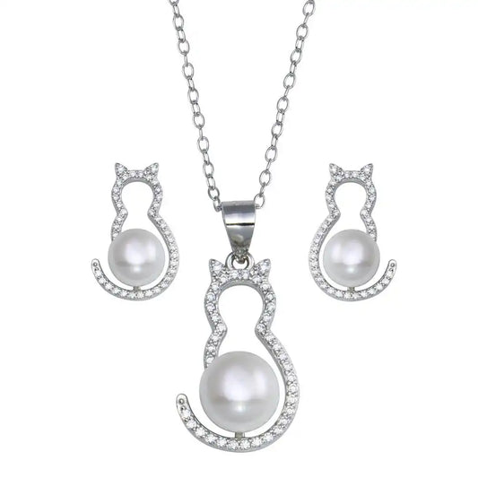 925 Sterling Silver Rhodium Plated Cat CZ Mother of Pearl Set
