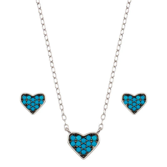 925 Sterling Silver Rhodium Plated Blue Heart Cluster Set