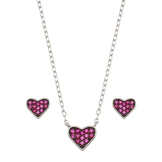 925 Sterling Silver Rhodium Plated Red Heart Cluster Set
