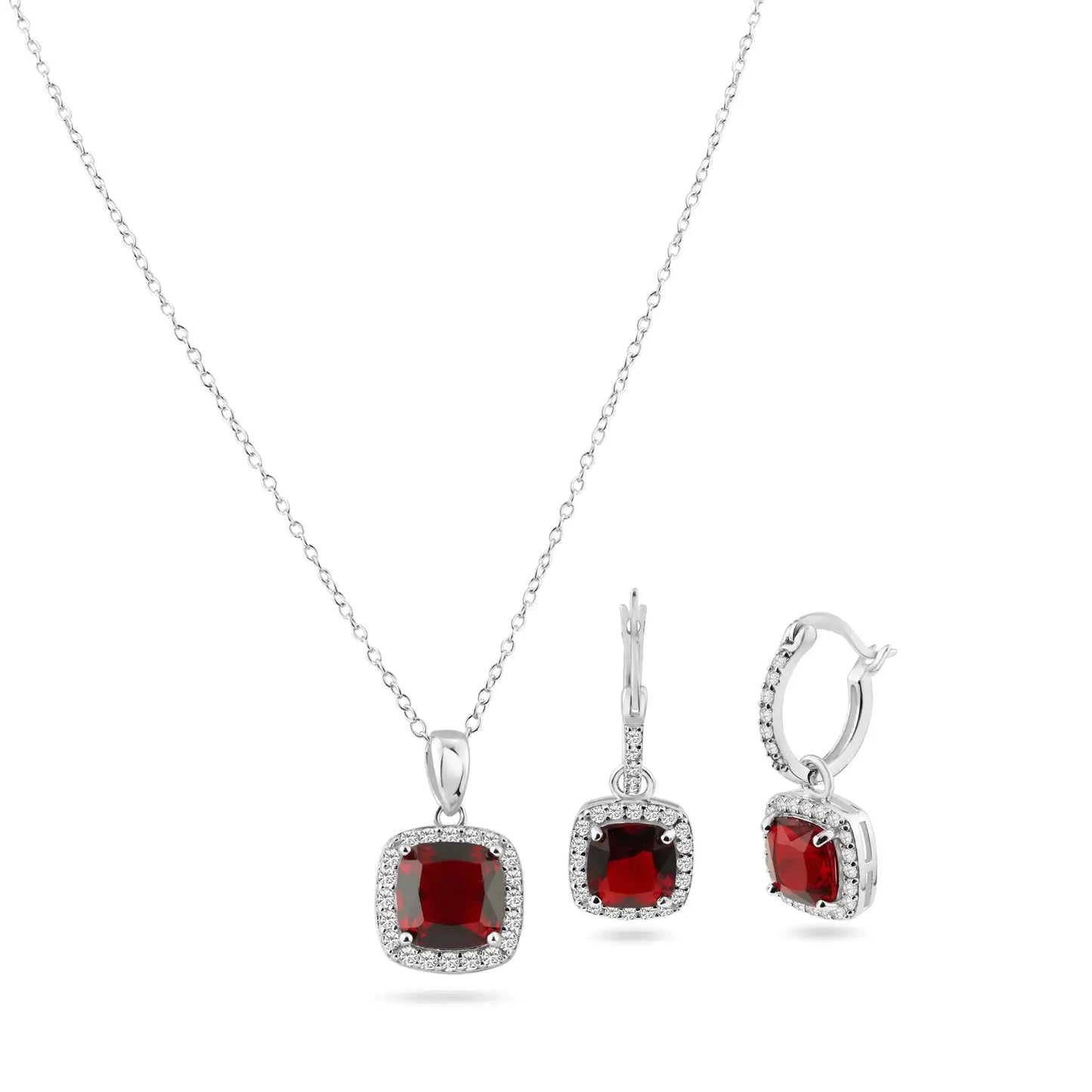 925 Sterling Silver Rhodium Plated Red and Clear Square CZ Set