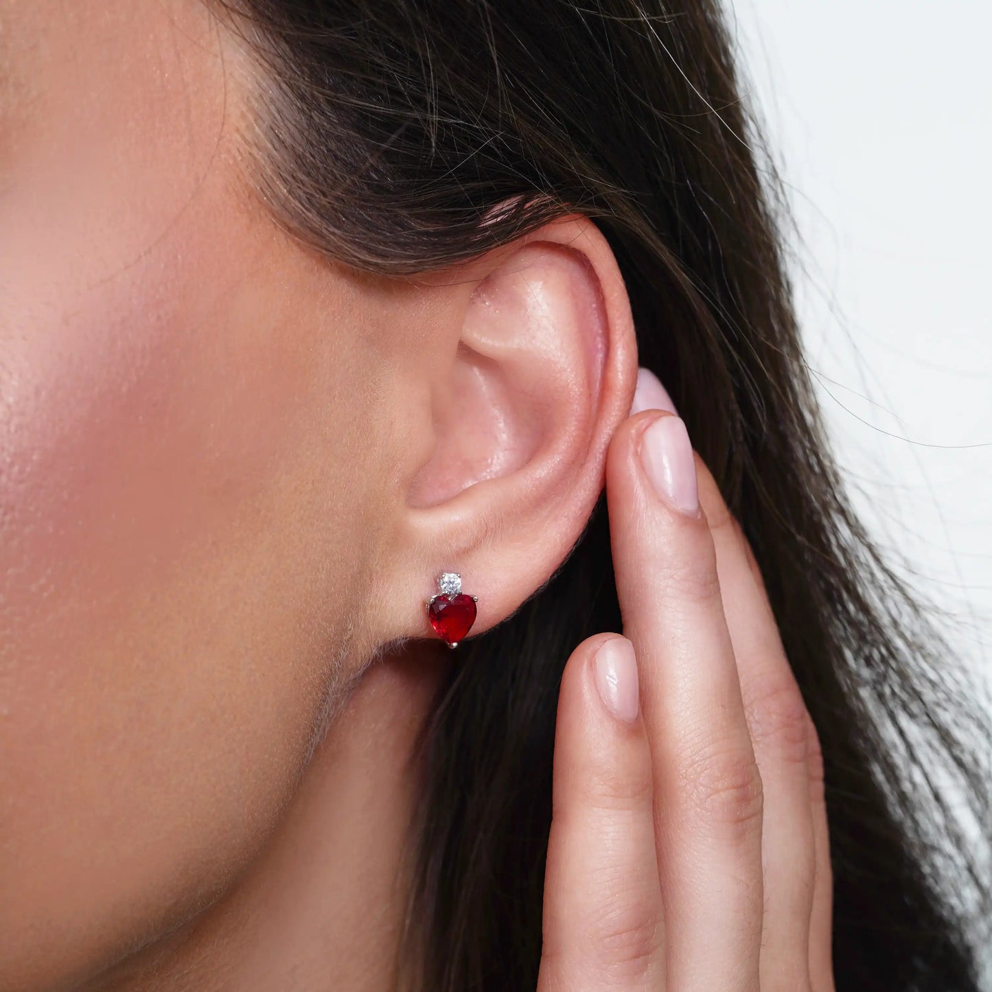 925 Rhodium Plated Silver Synthetic Ruby Red Heart Clear CZ Stud Earring and Necklace Set