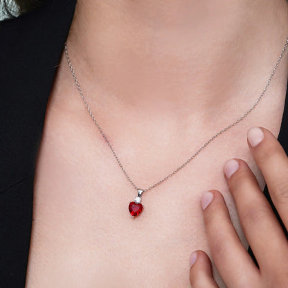 925 Rhodium Plated Silver Synthetic Ruby Red Heart Clear CZ Stud Earring and Necklace Set