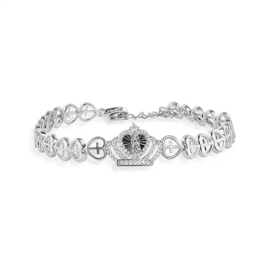 925 Sterling Silver Rhodium Plated 6.3mm Crown Our Lady of Guadalupe Diamond Cut Heart Cross Chain Adjustable Bracelet