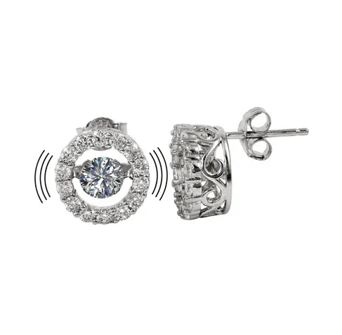 925 Sterling Silver Rhodium Plated Round Dancing CZ Stud Earrings