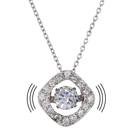 925 Sterling Silver Rhodium Plated Open Square Pendant Necklace with Dancing CZ Stones