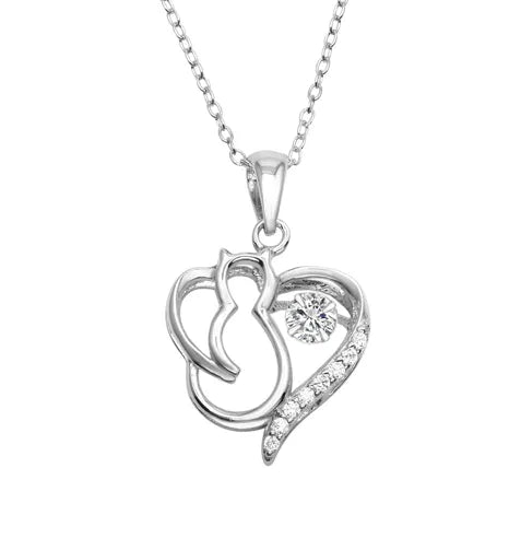 925 Sterling Silver Rhodium Plated Cat Heart Necklace with Dancing CZ