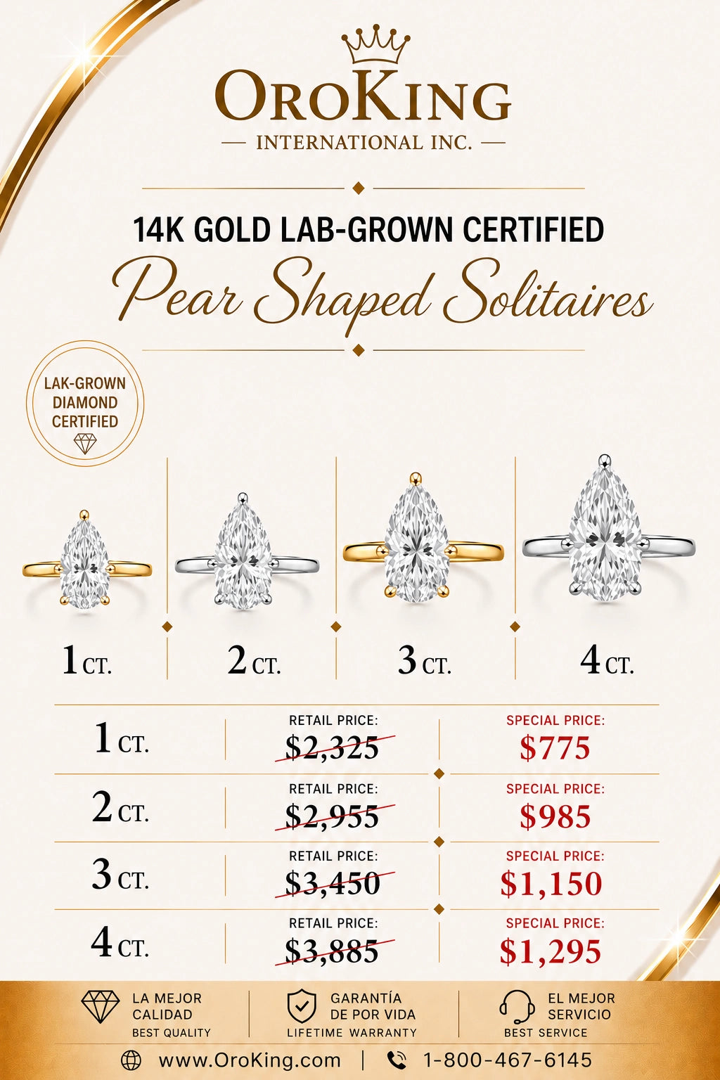 Women's 14K Gold Certified Lab-Grown Diamond Pear Shaped Solitaire Ring 1.00ct. Center Stone