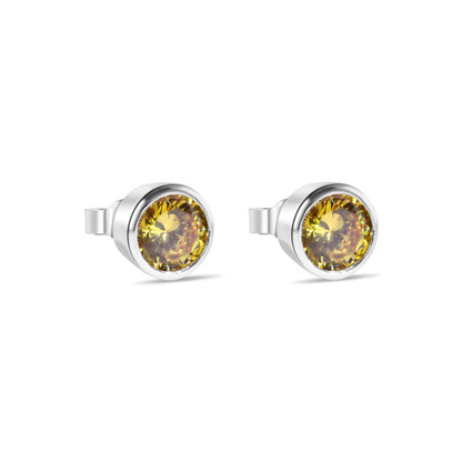 925 Sterling Silver Clearance-Rhodium Plated Round Yellow Citrine CZ Earrings