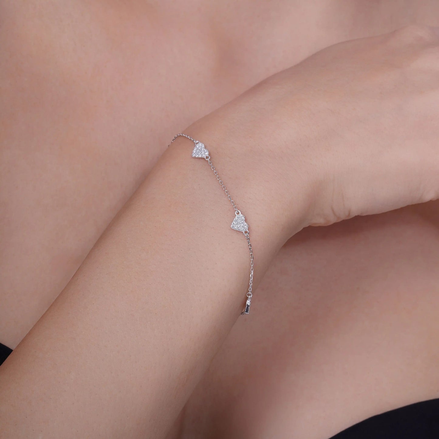 925 Sterling Silver Rhodium Plated Multi Heart Clear CZ Adjustable Bracelet