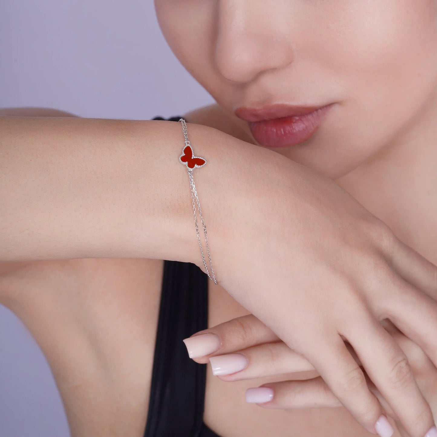 925 Sterling Silver Rhodium Plated 10mm x 7mm Butterfly Double Strand Adjustable Bracelet