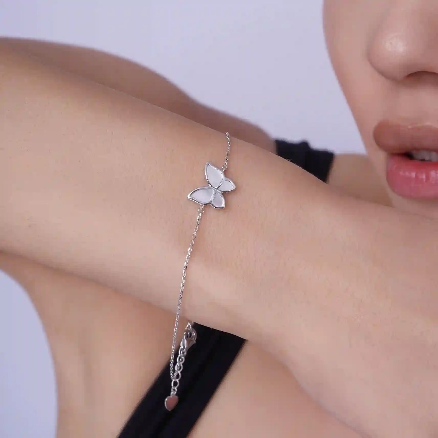925 Sterling Silver Rhodium Plated Mother of Pearl Butterfly 12.5mm x 11mm Adjustable Bracelet