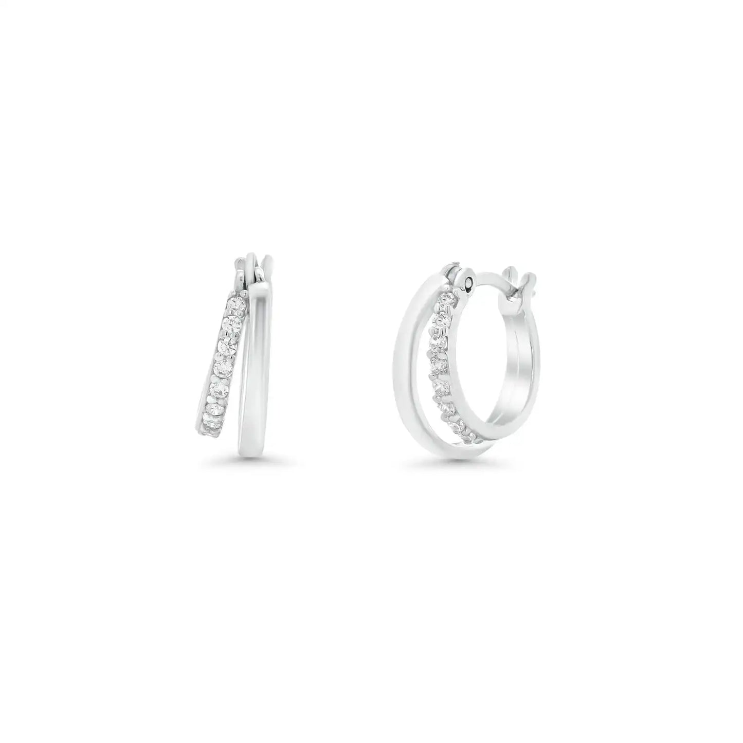 925 Sterling Silver Rhodium Plated Double Row Clear CZ Hoop Earring
