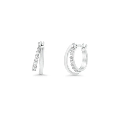925 Sterling Silver Rhodium Plated Double Row Clear CZ Hoop Earring