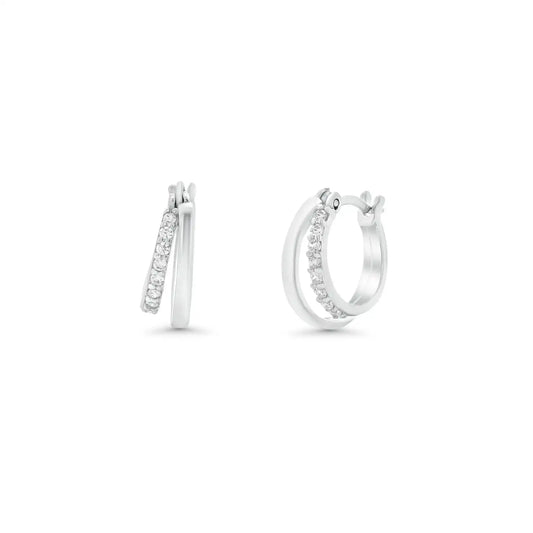 925 Sterling Silver Rhodium Plated Double Row Clear CZ Hoop Earring
