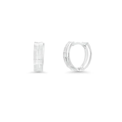 925 Sterling Silver Diamond Cut Geometric Step Edge Hoop Earring