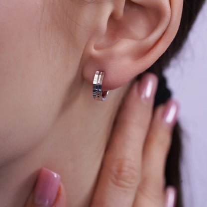 925 Sterling Silver Diamond Cut Geometric Step Edge Hoop Earring