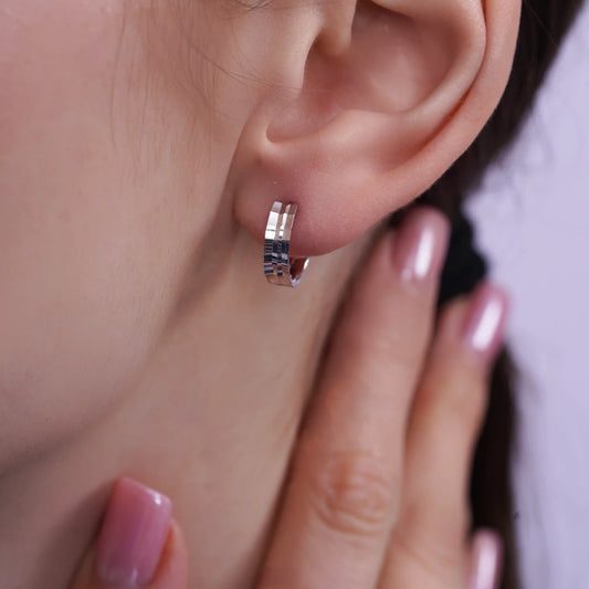 925 Sterling Silver Diamond Cut Geometric Step Edge Hoop Earring