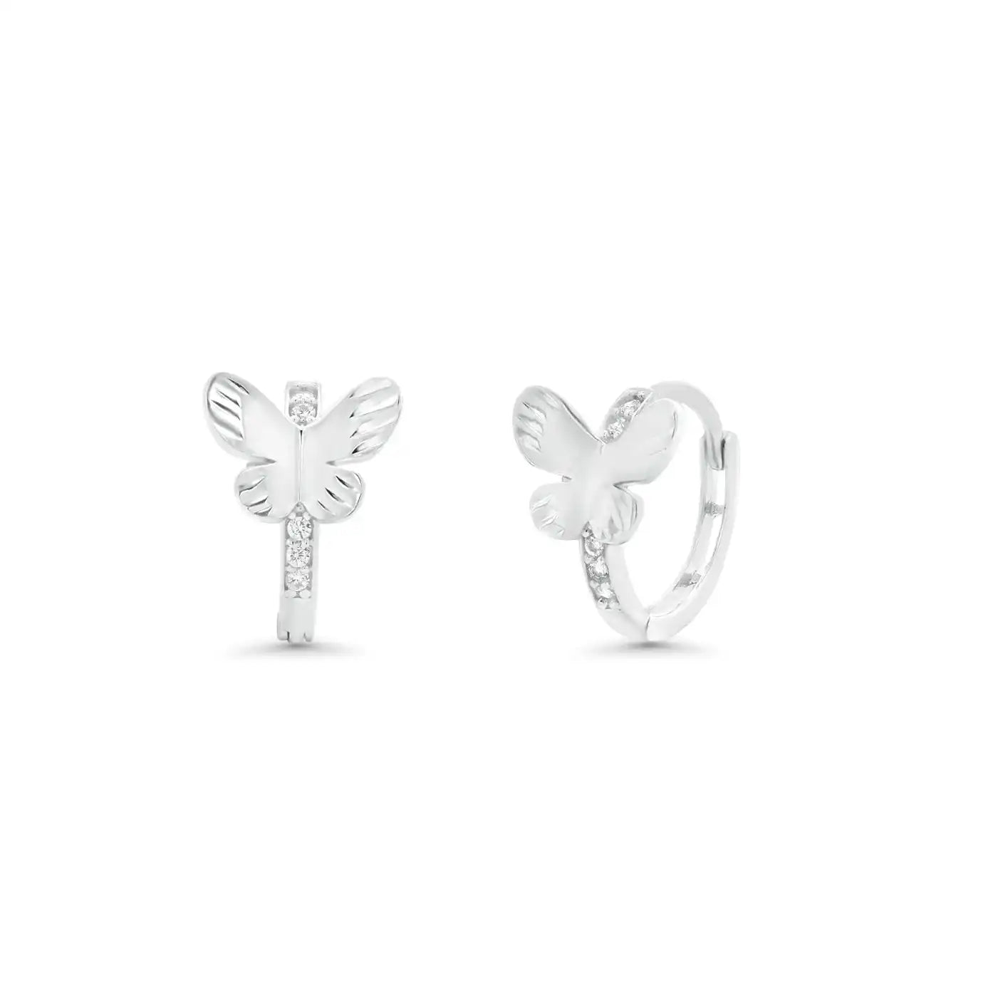 925 Sterling Silver Diamond Cut Butterfly Clear CZ Hoop Earring