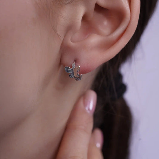 925 Sterling Silver Diamond Cut Butterfly Clear CZ Hoop Earring