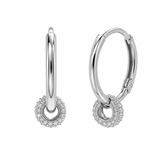 925 Sterling Silver Studded Clear CZ Ball Charm Hoop Earring