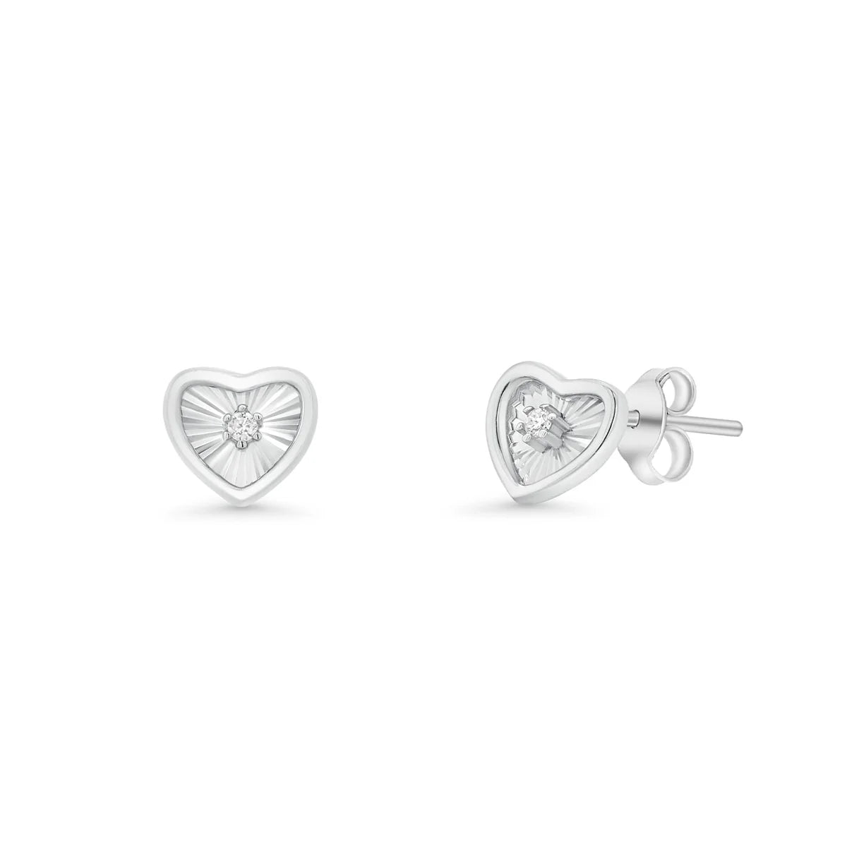 925 Sterling Silver Rhodium Plated Diamond Cut Clear CZ Heart Stud Earring