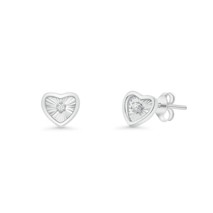 925 Sterling Silver Rhodium Plated Diamond Cut Clear CZ Heart Stud Earring