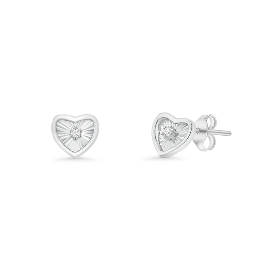 925 Sterling Silver Rhodium Plated Diamond Cut Clear CZ Heart Stud Earring
