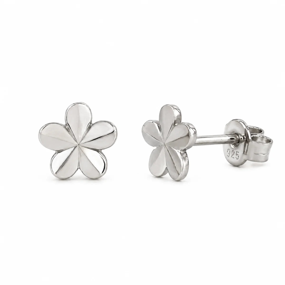 925 Sterling Silver Diamond Cut Flower Stud Earrings