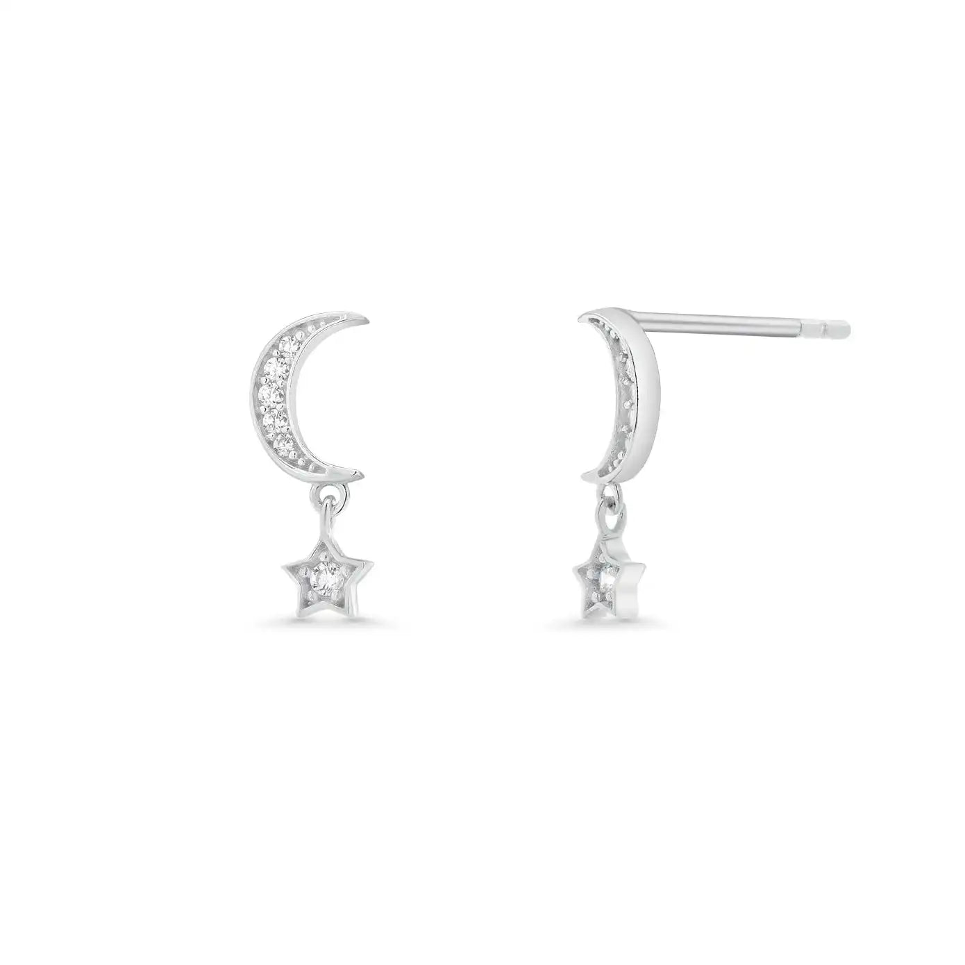 925 Sterling Silver Rhodium Plated Moissanite Moon and Star Drop Stud Earrings
