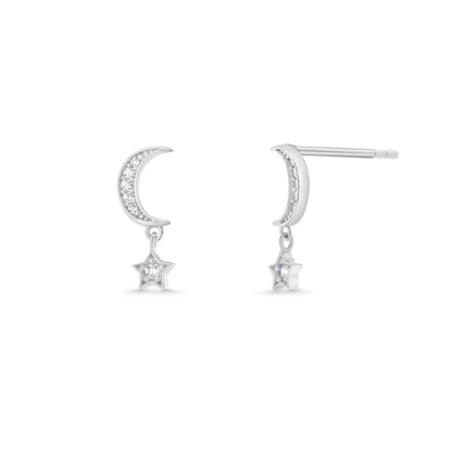 925 Sterling Silver Rhodium Plated Moissanite Moon and Star Drop Stud Earrings