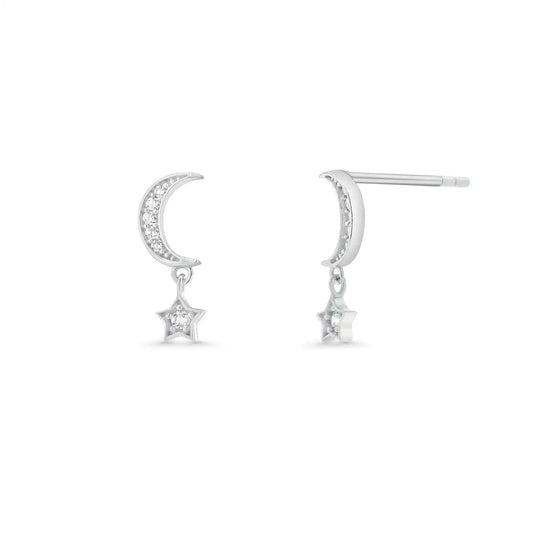 925 Sterling Silver Rhodium Plated Moissanite Moon and Star Drop Stud Earrings