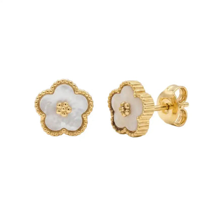 925 Sterling Silver Gold Plated Diamond Cut Mother of Pearl Floral Halo Stud Earrings