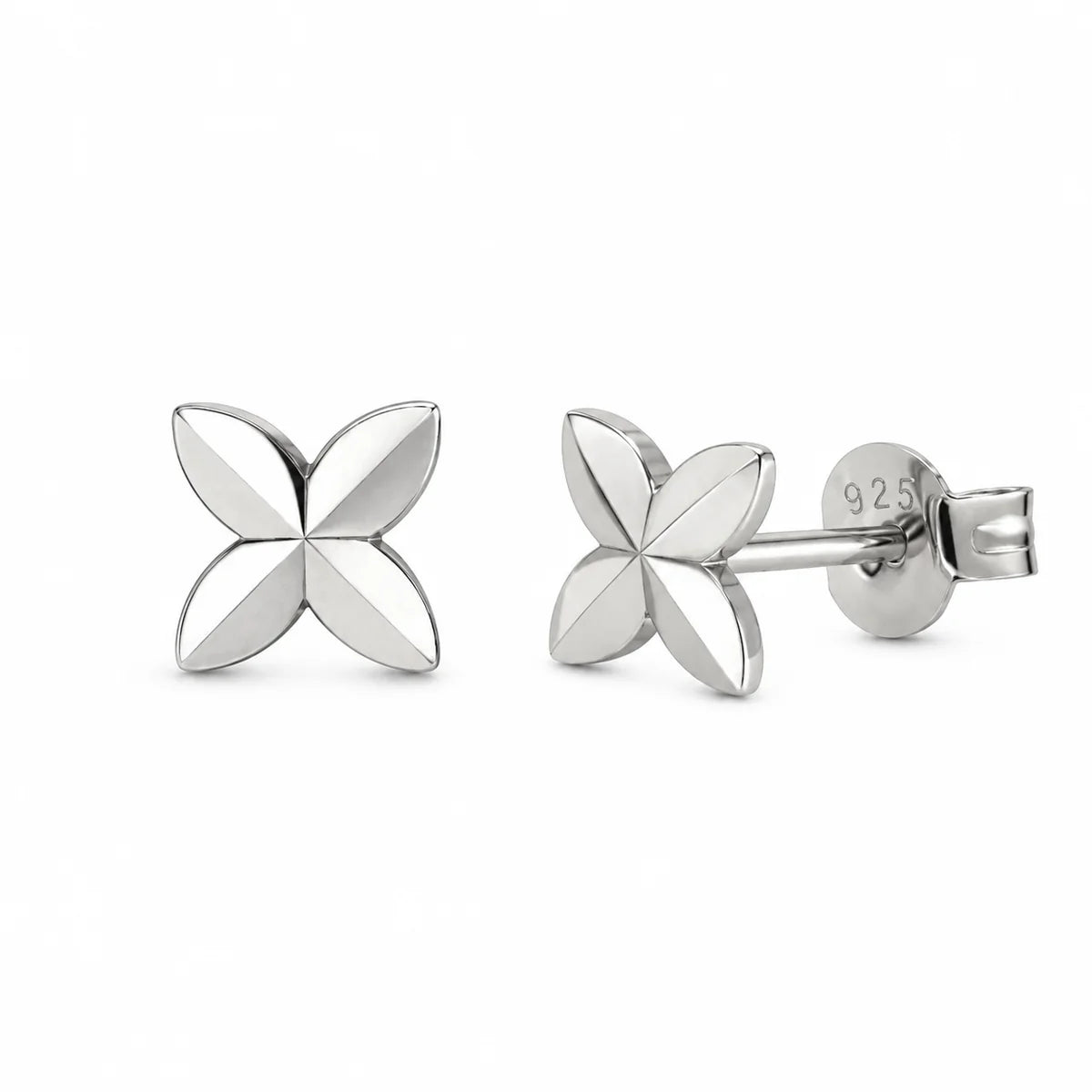 925 Sterling Silver Rhodium Plated Diamond Cut Quatrefoil Stud Earrings