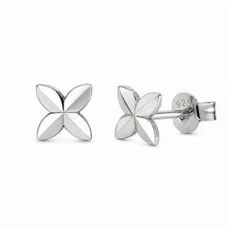 925 Sterling Silver Rhodium Plated Diamond Cut Quatrefoil Stud Earrings