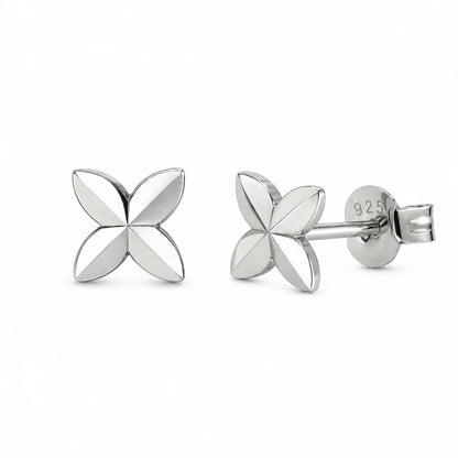 925 Sterling Silver Rhodium Plated Diamond Cut Quatrefoil Stud Earrings