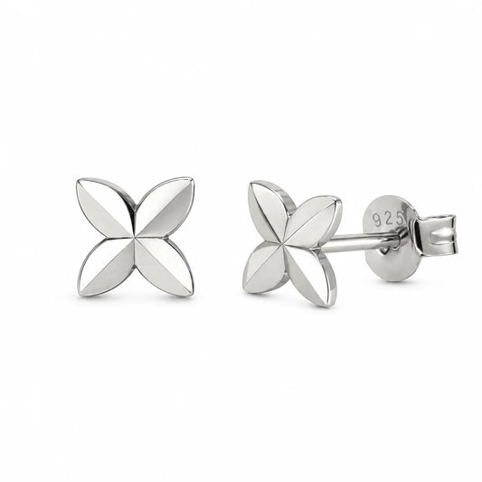 925 Sterling Silver Rhodium Plated Diamond Cut Quatrefoil Stud Earrings