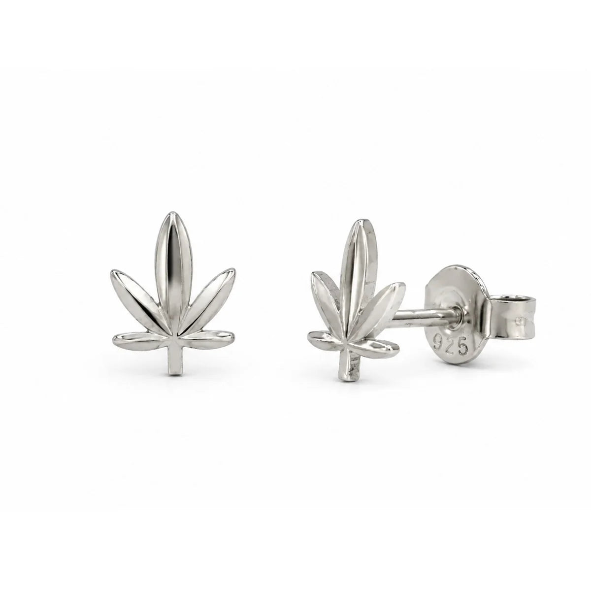 925 Sterling Silver Rhodium Plated Diamond Cut Cannabis Stud Earrings